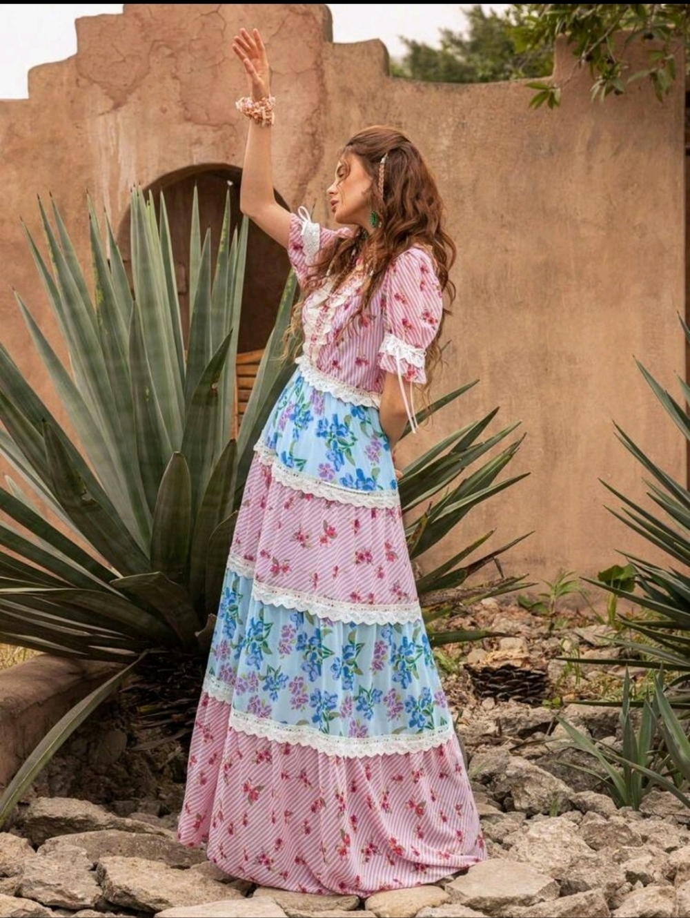 Floral Tiered Maxi Dress in Pink and Blue - Picture 8 of 16